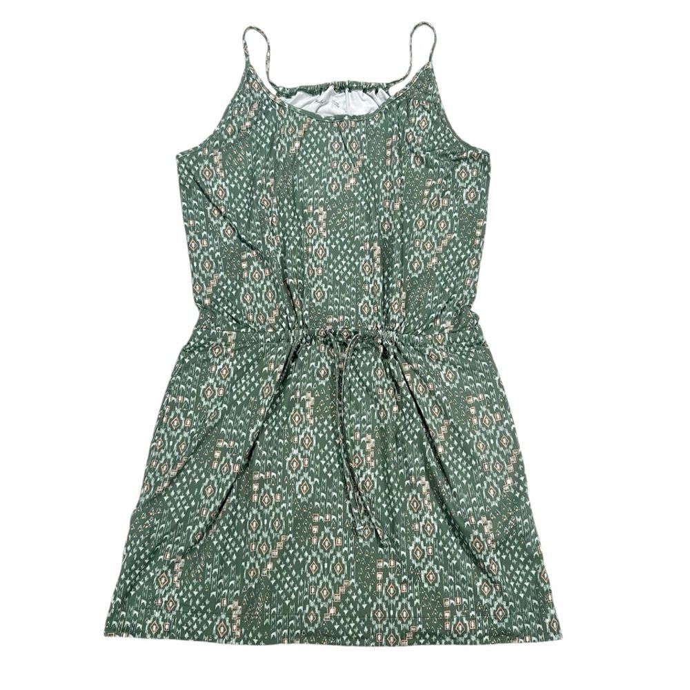 Woolrich Size Large Green Multi Allover Tribal Print Sleeveless Dress Waist Tie